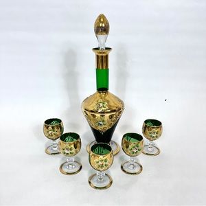 VTG Venetian Glasswear Decanter Hand Painted Emerald Green & Gold 5 Glasses